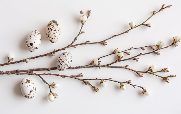 Flat lay easter composition with a willow branch