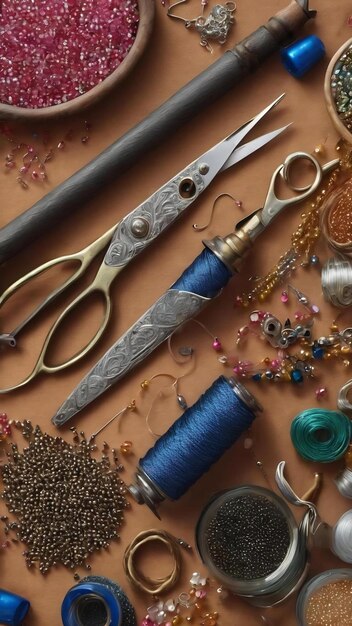 Flat lay of essentials for bead working with scissors and copy space