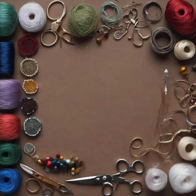 Flat lay of essentials for bead working with scissors and thread