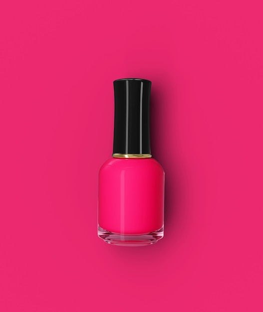 Flat lay of fashion bright pink nail polish on a colorful\
background minimal style top view 3d