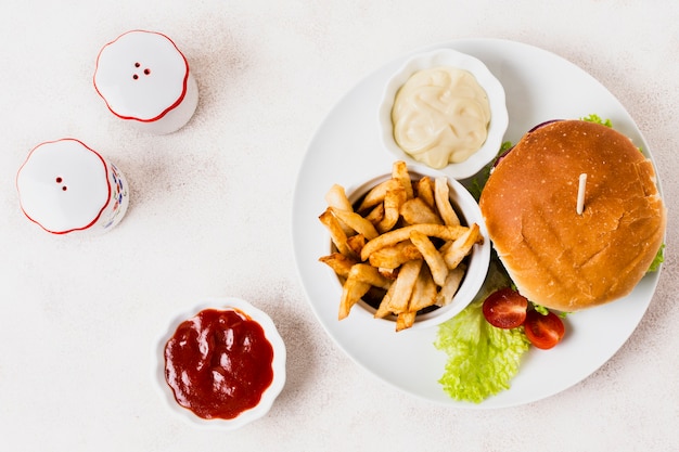 Flat lay of fast food meal