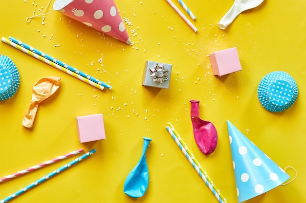 flat lay festival birthday party background with gift box