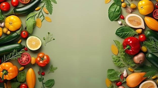 Плоская плоская композиция с разноцветными овощами и зелеными листьями