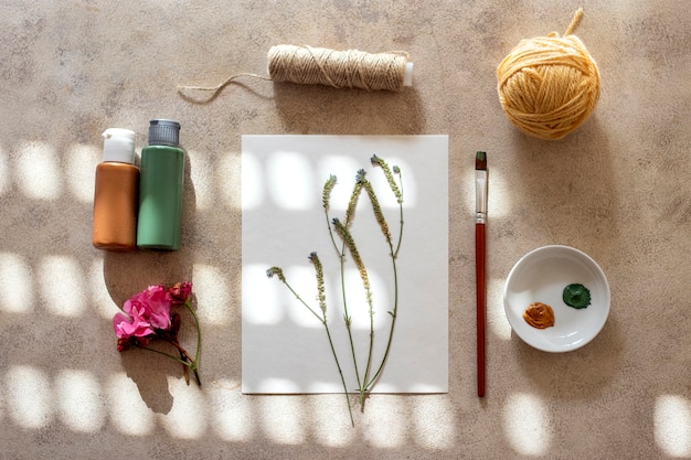 Flat lay flower press technique still life