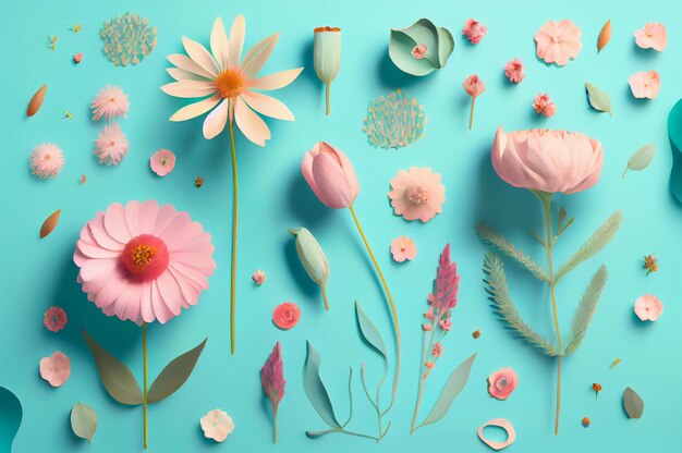 Flat lay flowers on a blue pastel background Generative AI