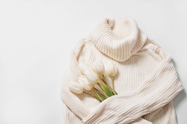 Flat lay flowers. Bouquet of white tulips.