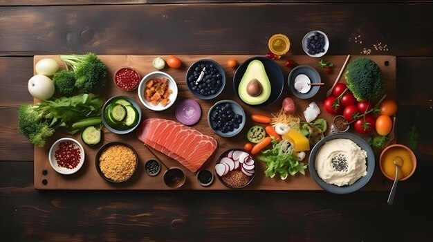 Photo flat lay food frame on wooden background