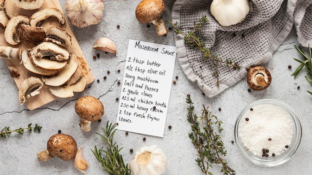 Photo flat lay of food ingredients with mushrooms