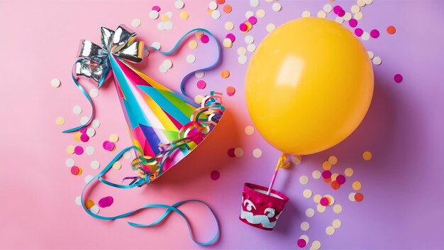 Flat lay frame with balloon and party hat