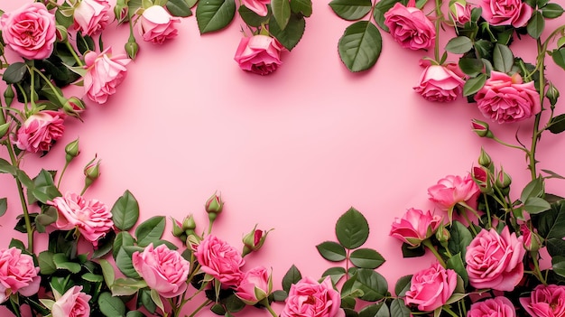 flat lay frame with pink garden roses with leaves and petals on a pink paper background top view