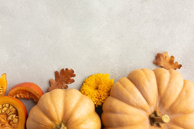 Flat lay frame with pumpkins and leaves