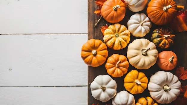 Flat lay frame with small pumpkins and copy space