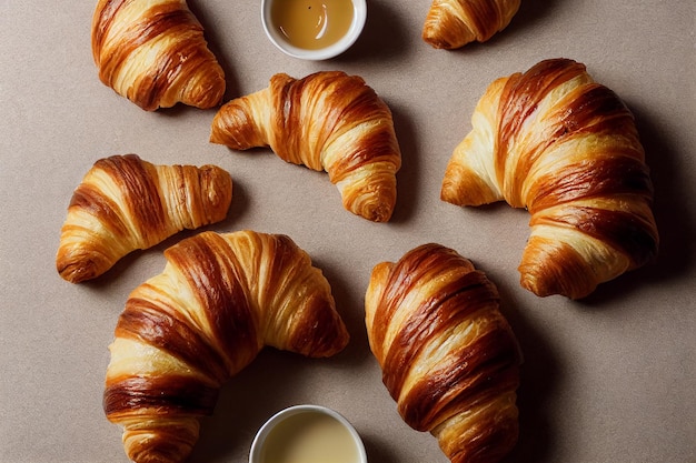 Flat lay Fresh baked croissants Warm Fresh Buttery Croissants and Rolls