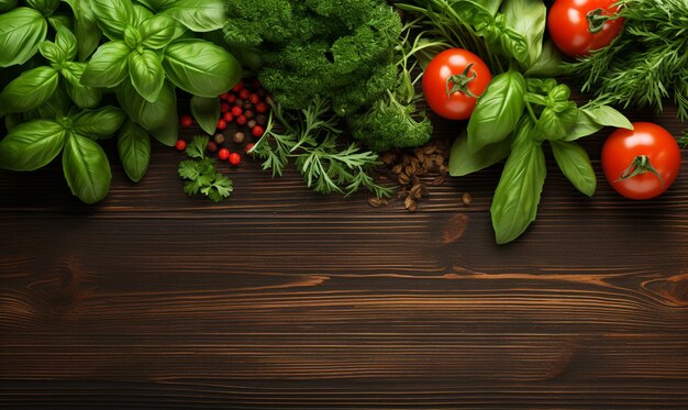 Flat lay of fresh food ingredients on wooden background with copy space