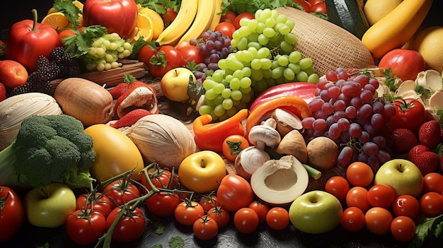 Flat lay of fresh fruits and vegetables for background Different fruits and vegetables for eating healthy Colorful fruits and vegetables on black plank background