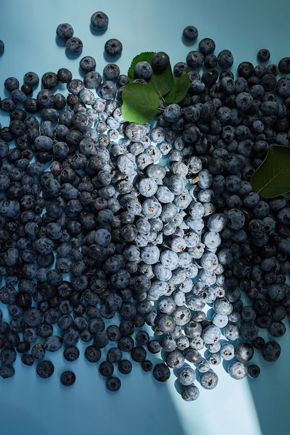 Flat lay of fresh organic juicy blueberries on blue background, hard sun light, top view, copy space. Concept of healthy and dieting eating , antioxidant, vitamin, summer food.