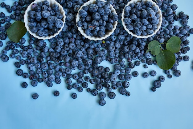 파란색 배경 상단 뷰 복사 공간에 있는 그릇에 신선한 유기농 즙이 많은 블루베리를 평평하게 놓고 항산화 비타민 여름 음식을 먹는 건강하고 다이어트의 개념