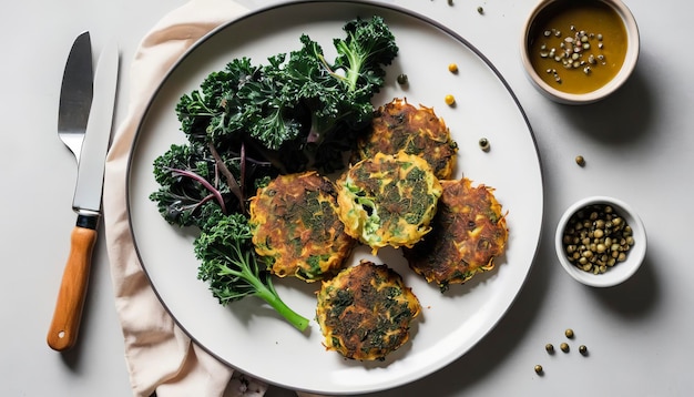 Flat lay of fried vegetable fritters with broccoli kale and capers