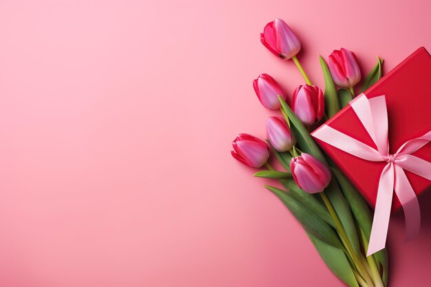 Flat lay of gift box with ribbon bow and bouquet of tulips on pink background mothers day concept