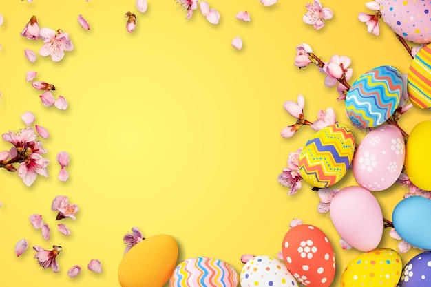 Flat Lay of Golden Easter Eggs in row placed on yellow background.