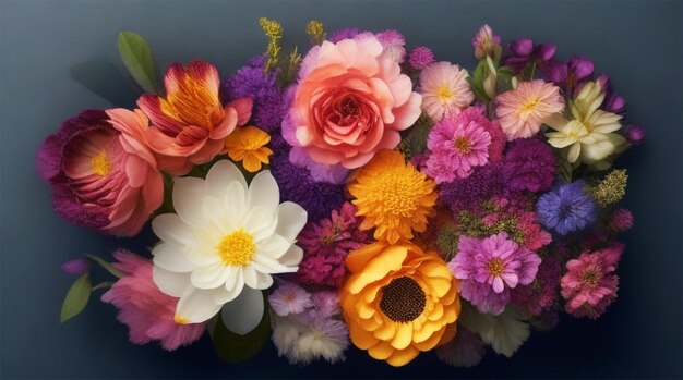 Flat lay of gorgeous flowers arrangement