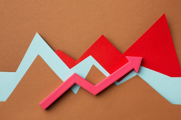 Photo flat lay of growth statistics presentation with arrow