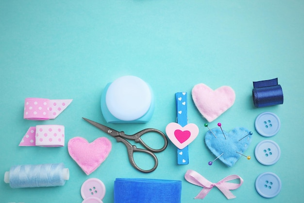 Flat lay of handcraft on blue background