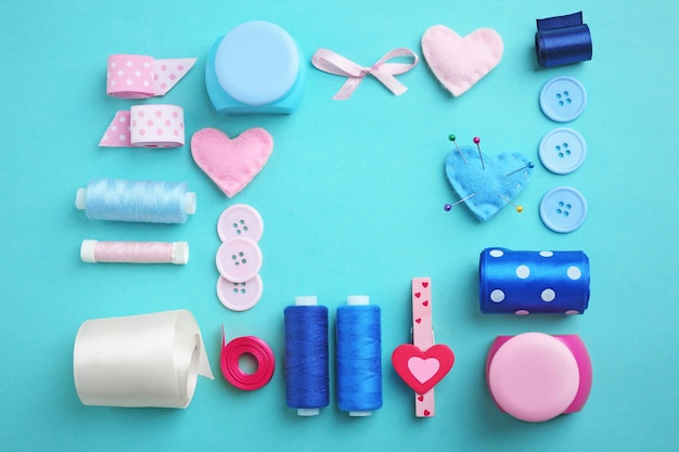 Flat lay of handcraft on blue background