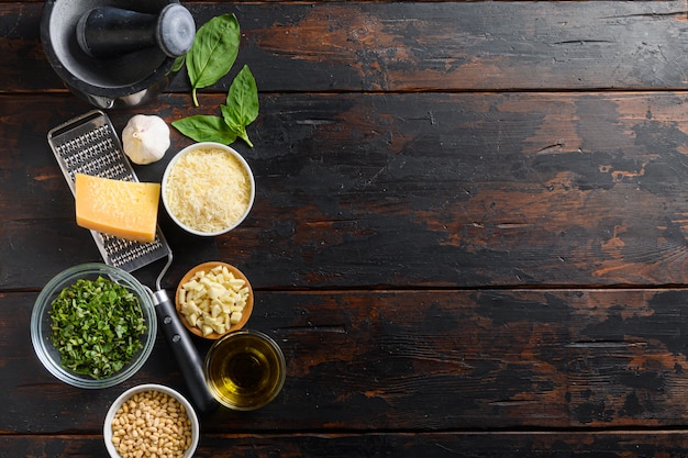 Flat lay of healthy food concept or ingredients for cooking pesto