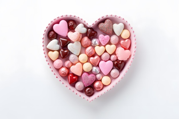 Flat lay of heart shaped candies and chocolates in a decorative dish