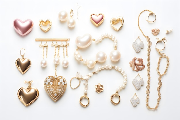 Flat lay of heart shaped charms and jewelry pieces