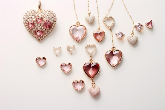 Flat lay of heart shaped charms and jewelry pieces