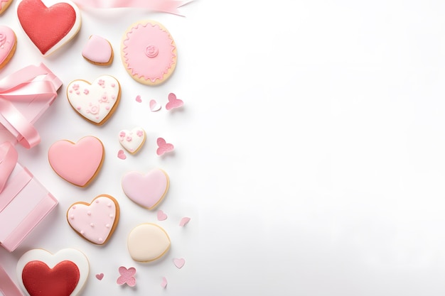 Flat lay of heartshaped cookies and Valentine's Day treats