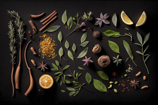 Flat lay of herbs and spices against a black background