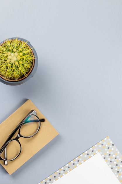 Flat lay home office desk. Female workspace with planner, eyeglasses, tea mug, diary, plant. Copy space