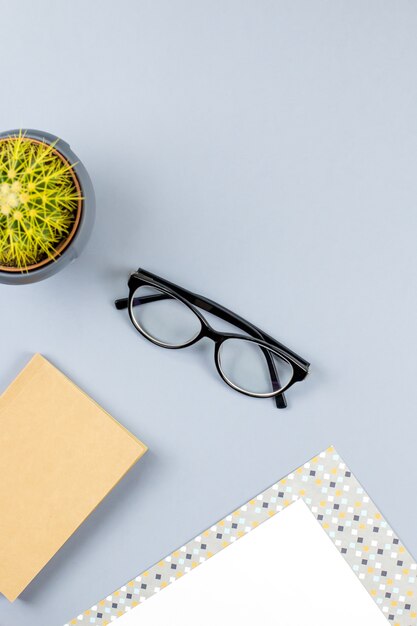 Flat lay home office desk. Female workspace with planner, eyeglasses, tea mug, diary, plant. Copy space