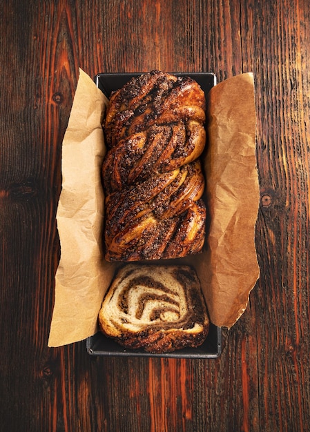 Photo flat lay of homemade walnut babka