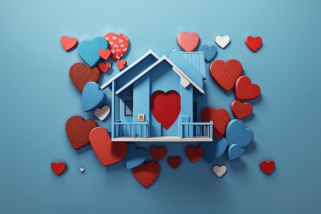 Flat lay of house with lovely heart isolated on blue 3d rendering