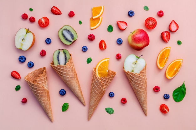 Flat lay ice cream cones collection on paper background for sweets menu design.