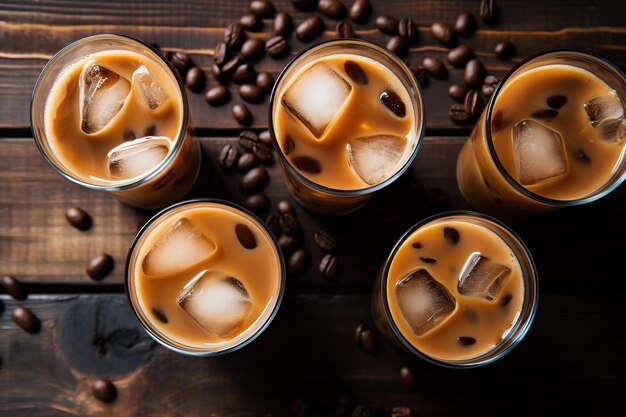 Flat lay of iced coffee in glasses on wooden background