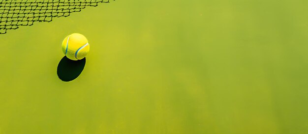 Un'immagine piatta di un campo da tennis verde con una pallina da tennis gialla e una racchetta che simboleggiano