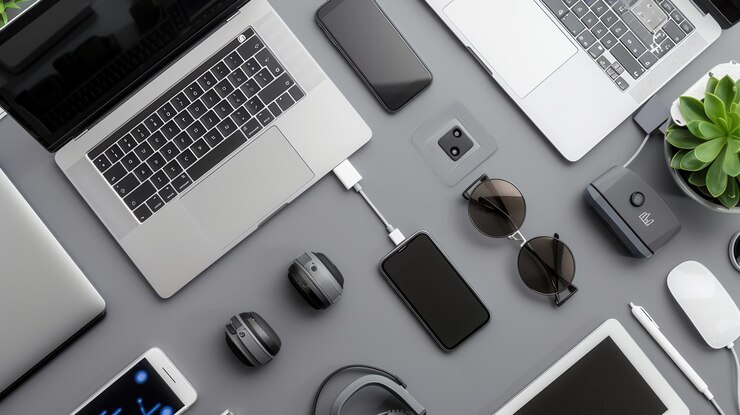 スマートフォン,ラップトップ,その他のガジェットのための様々な充電デバイスとステーションを展示する平らなレイイメージ Generative AI