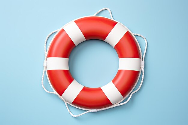 A flat lay image showcasing a white and red lifebuoy also known as a lifesaver or lifebelt placed