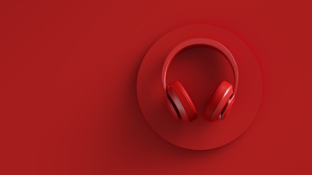 Flat lay image of wireless headphones top view red background
solid color design d illustration