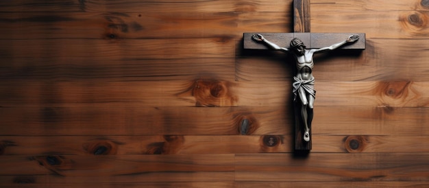 Photo a flat lay image of a wooden crucifix seen from above with empty space for text represents concepts