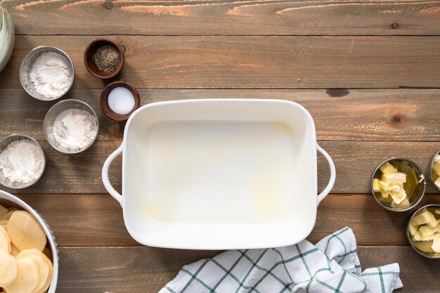 Photo flat lay. ingredient to make scalloped potatoes recipe.