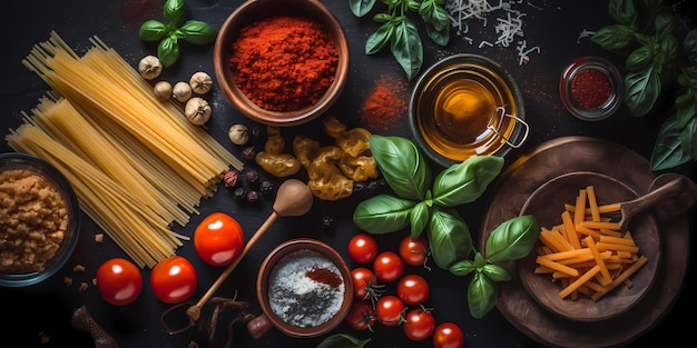 Flat lay of ingredients for a popular pasta dish Pasta tomato sauce fresh basil garlic Italian pasta spaghetti alla puttanesca or penne arrabbiata Generative Ai