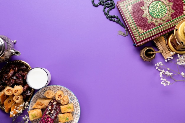 Flat lay islamic new year concept with copy space