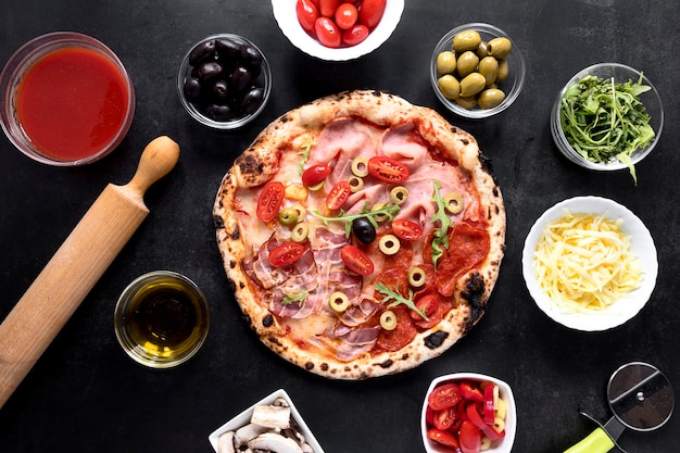 Flat lay italian food arrangement