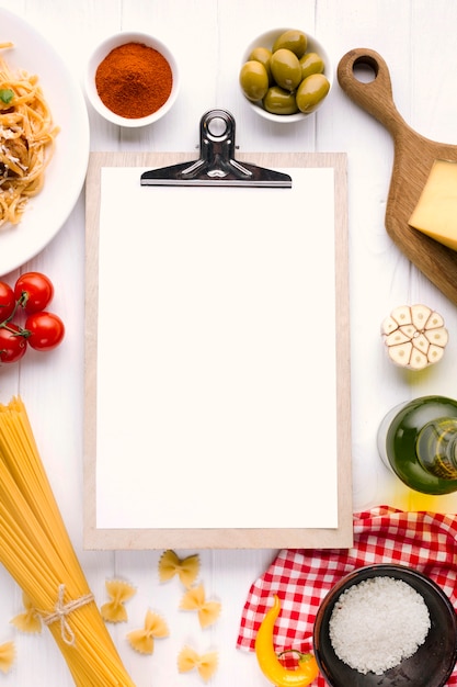 Flat lay italian food composition with clipboard template